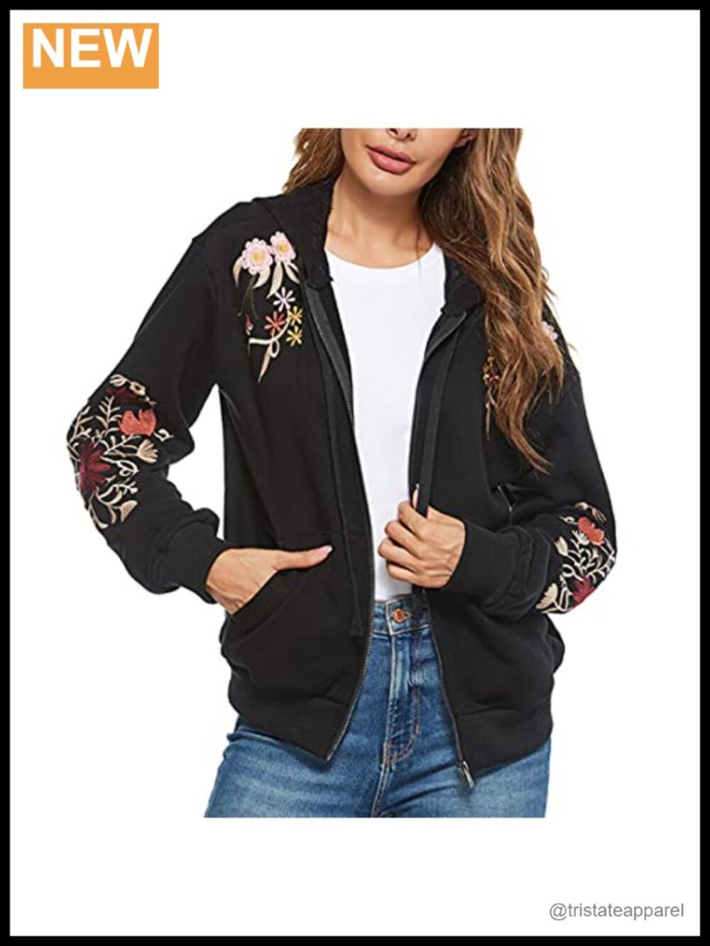 Floral Embroidered Zip Hoodie Jacket Long Sleeve Fall Winter Coat Boho Women